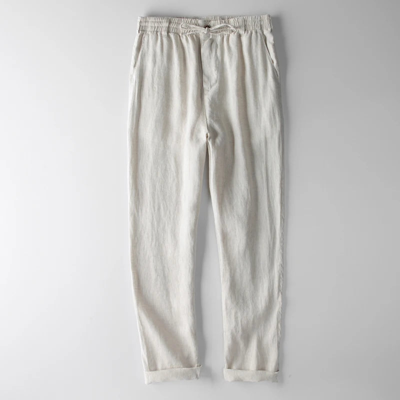Men's 100% Linen Casual Pants – Trendy Solid Trousers with Elastic Waist & Breathable Fabric