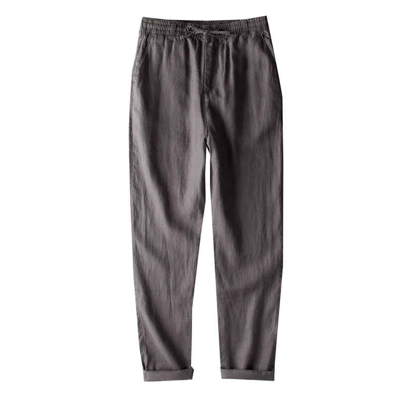 Men's 100% Linen Casual Pants – Trendy Solid Trousers with Elastic Waist & Breathable Fabric