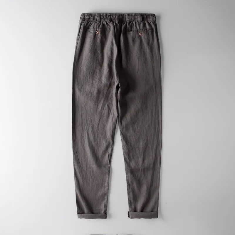 Men's 100% Linen Casual Pants – Trendy Solid Trousers with Elastic Waist & Breathable Fabric