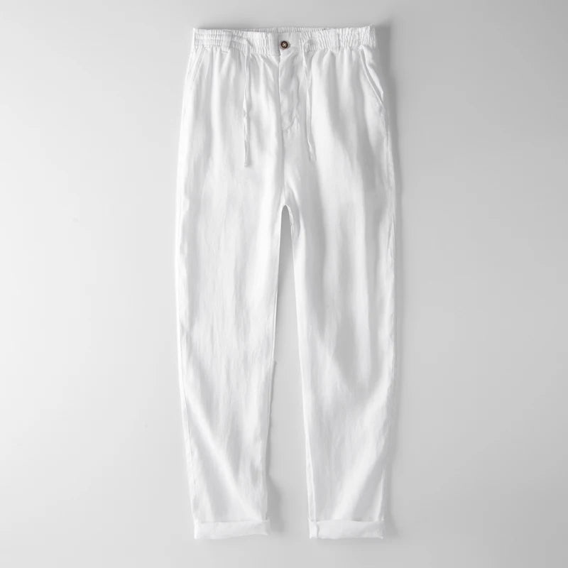 Men's 100% Linen Casual Pants – Trendy Solid Trousers with Elastic Waist & Breathable Fabric