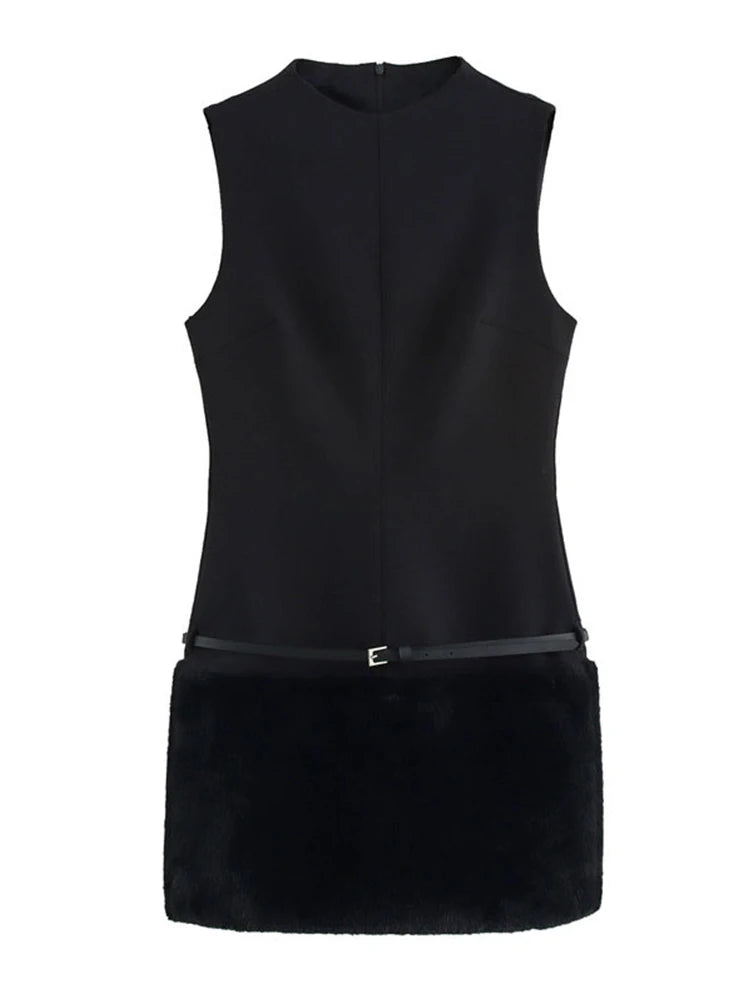 Elegant Black Fur Patchwork Mini Dress – Sleeveless O-Neck with Belt, Slim Fit Party & Evening Dress 2025