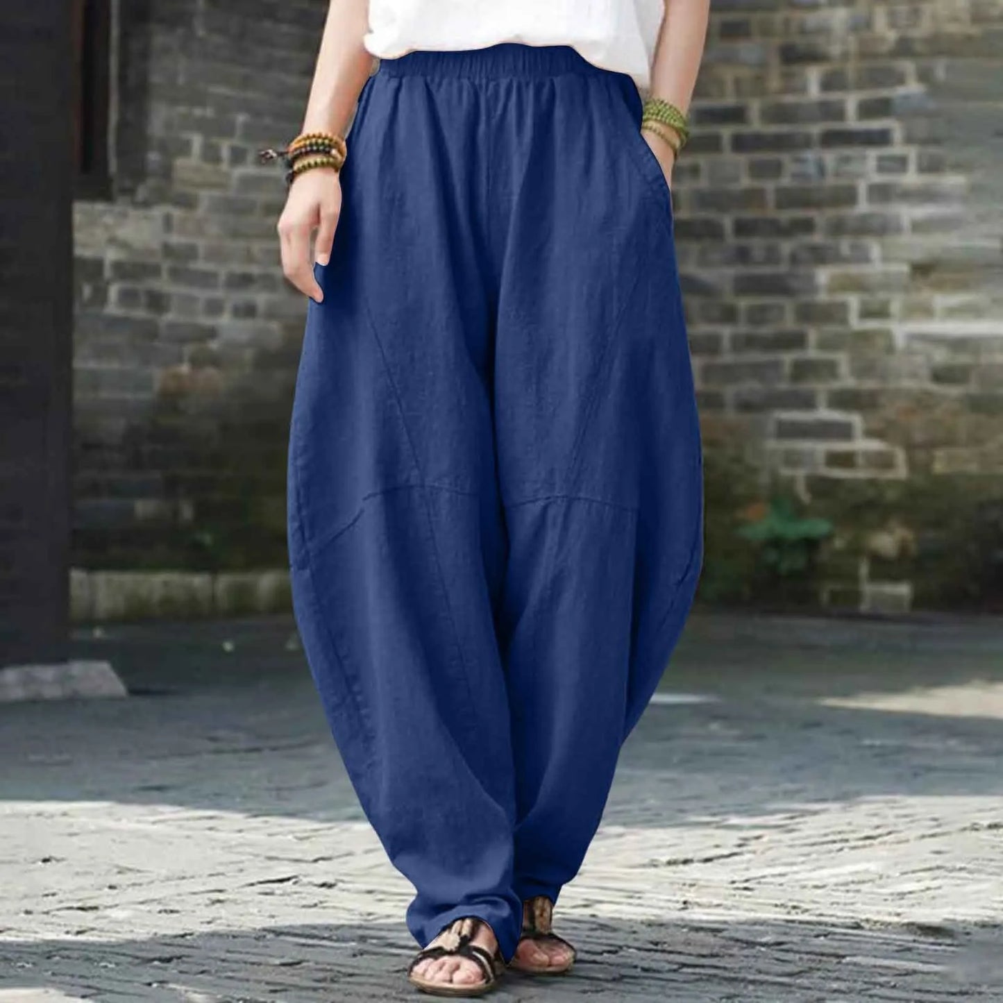 Women's Linen Harem Pants – Loose Fit Elastic Waist Casual Baggy Trousers for Summer