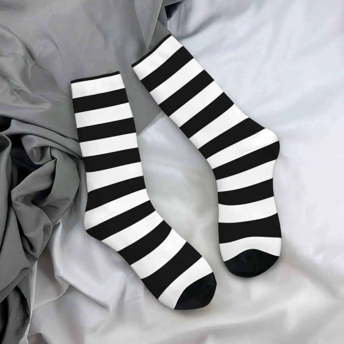 Funny Witch Pattern Crew Socks – Black & White Striped Retro Hip-Hop Socks for Men