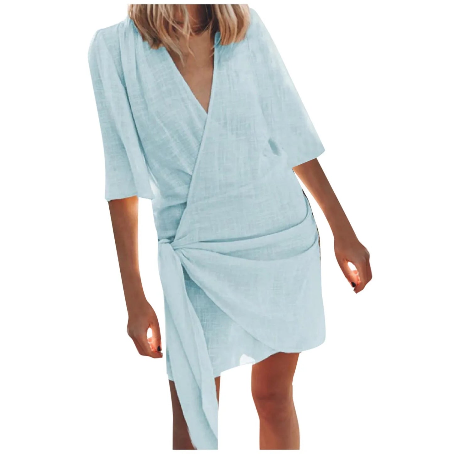 Women's Cotton Linen V-Neck Pleated Mini Dress – Sexy Solid Color Swing Party Dress