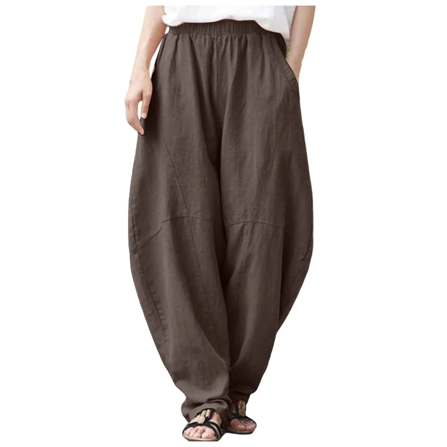 Women's Linen Harem Pants – Loose Fit Elastic Waist Casual Baggy Trousers for Summer