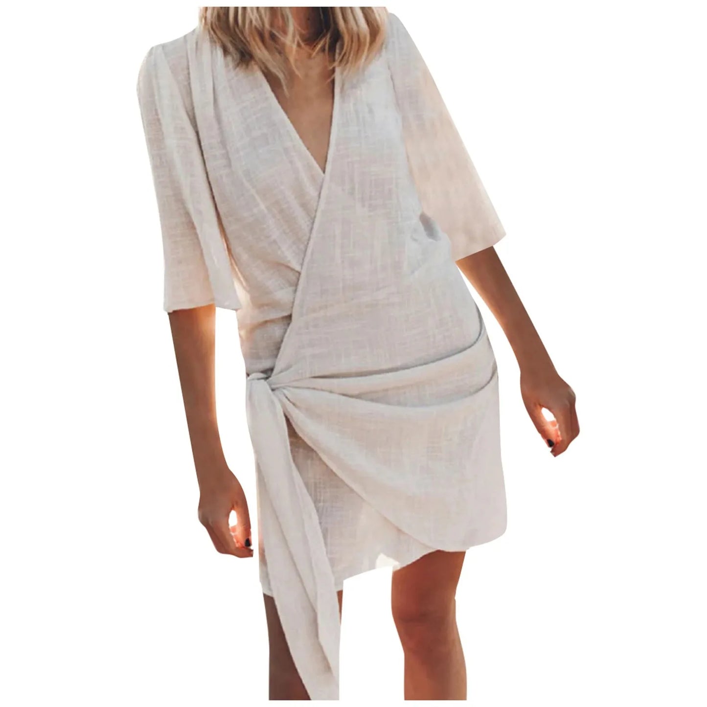 Women's Cotton Linen V-Neck Pleated Mini Dress – Sexy Solid Color Swing Party Dress
