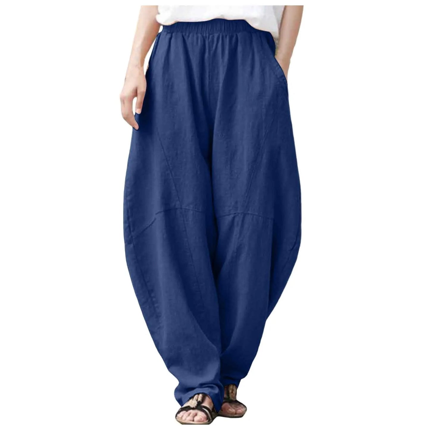 Women's Linen Harem Pants – Loose Fit Elastic Waist Casual Baggy Trousers for Summer