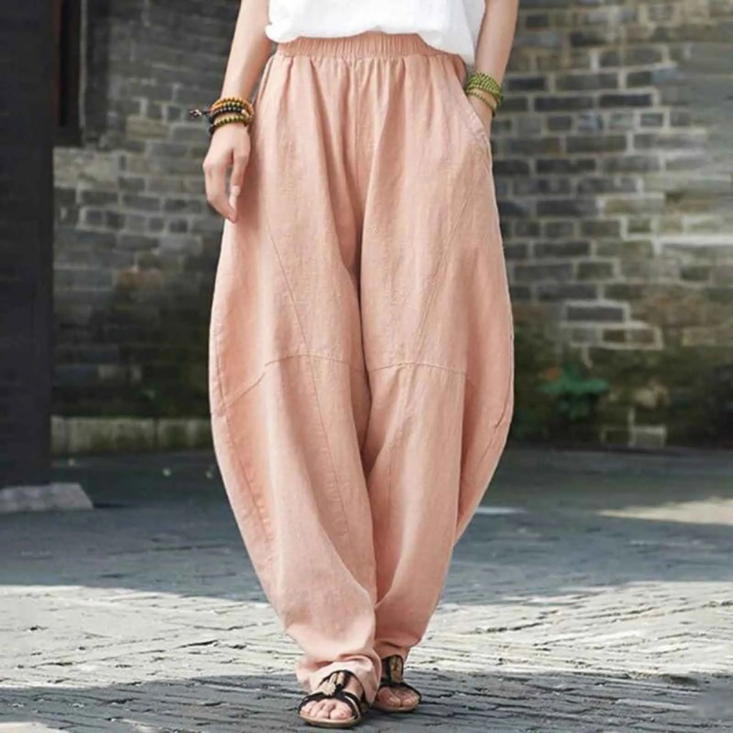 Women's Linen Harem Pants – Loose Fit Elastic Waist Casual Baggy Trousers for Summer