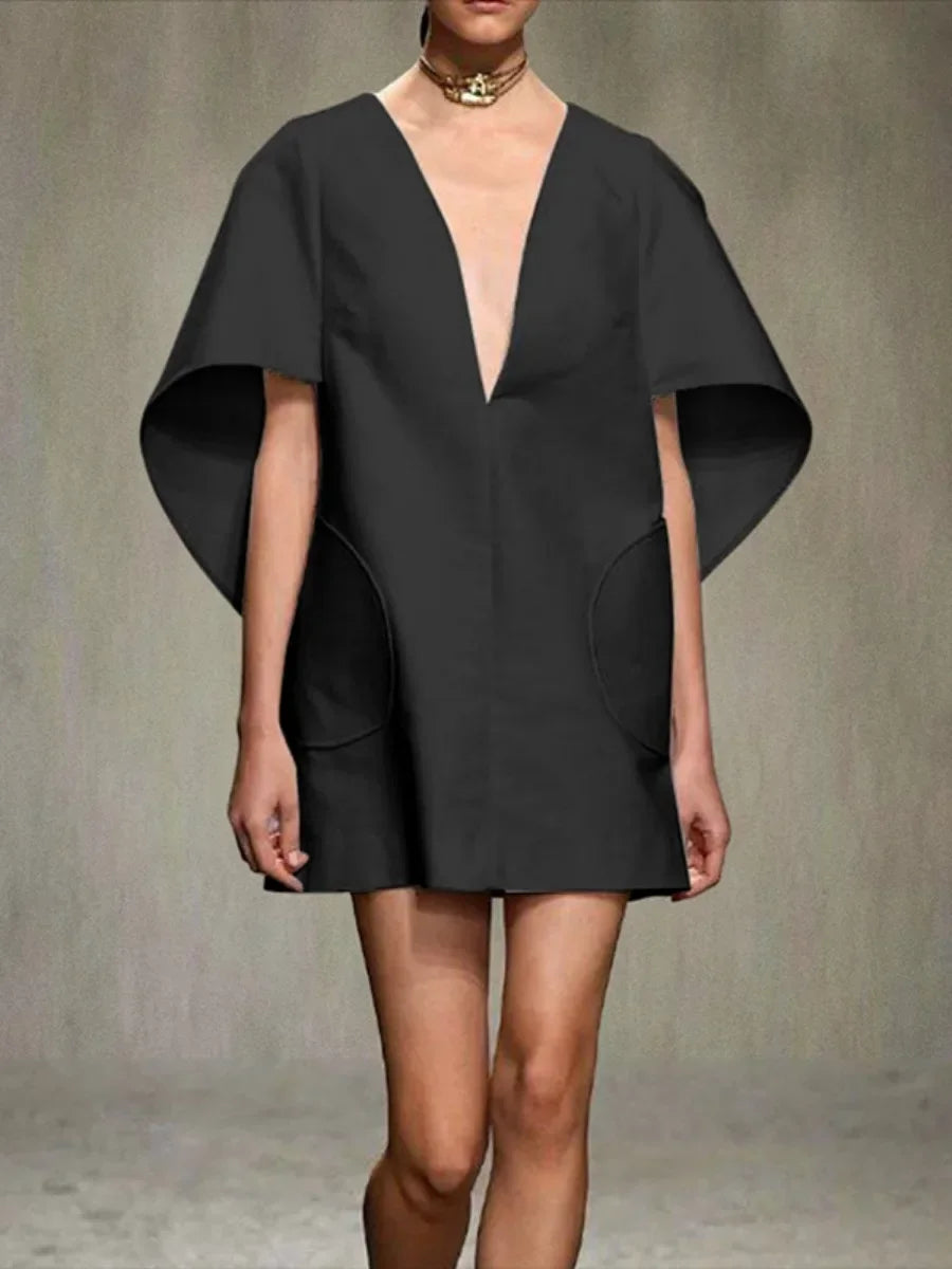 UOOZEE Women's Solid Color Mini Dress – Deep V-Neck, Half Sleeves, Loose-Fit Party Dress for Spring/Summer 2024