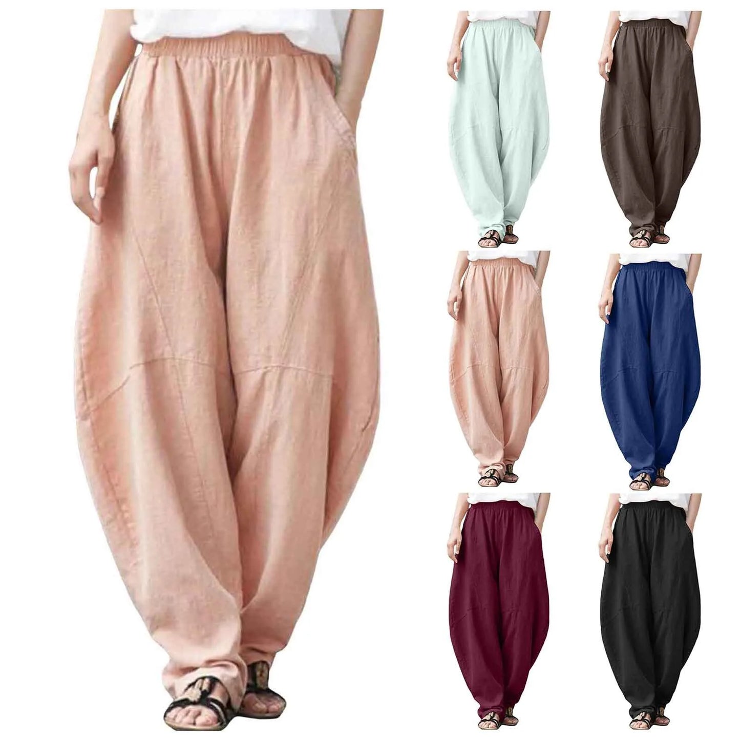 Women's Linen Harem Pants – Loose Fit Elastic Waist Casual Baggy Trousers for Summer