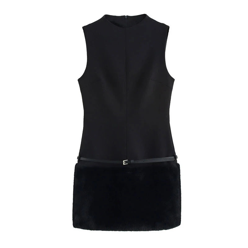 Elegant Black Fur Patchwork Mini Dress – Sleeveless O-Neck with Belt, Slim Fit Party & Evening Dress 2025