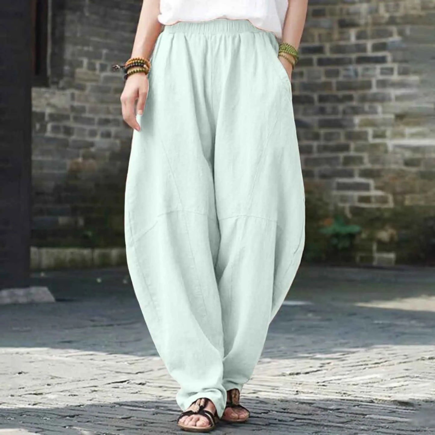 Women's Linen Harem Pants – Loose Fit Elastic Waist Casual Baggy Trousers for Summer