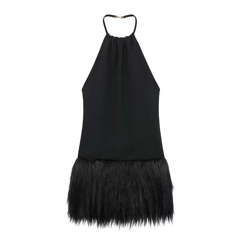 Elegant Black Fur Patchwork Mini Dress – Sleeveless O-Neck with Belt, Slim Fit Party & Evening Dress 2025