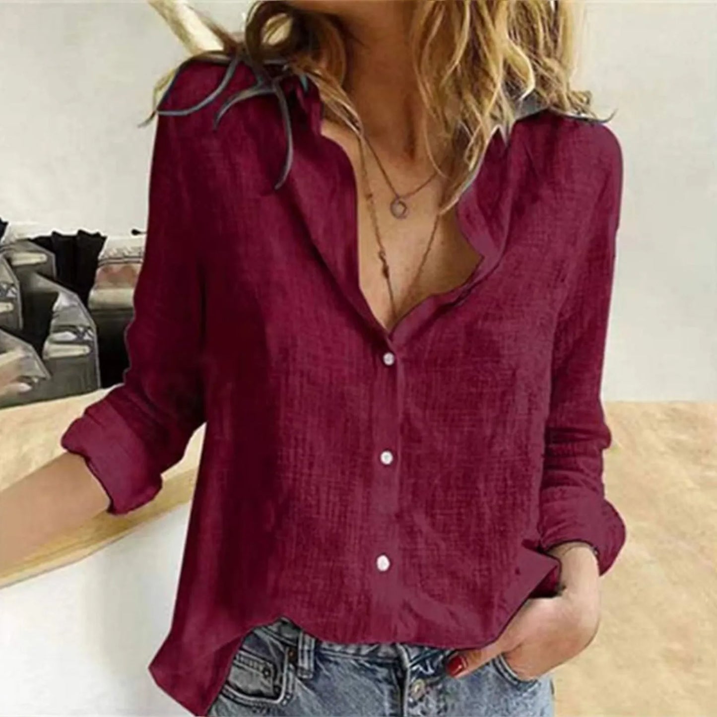 Oversized Linen-Cotton Blouse – Loose Long-Sleeve Button-Up Shirt for Women