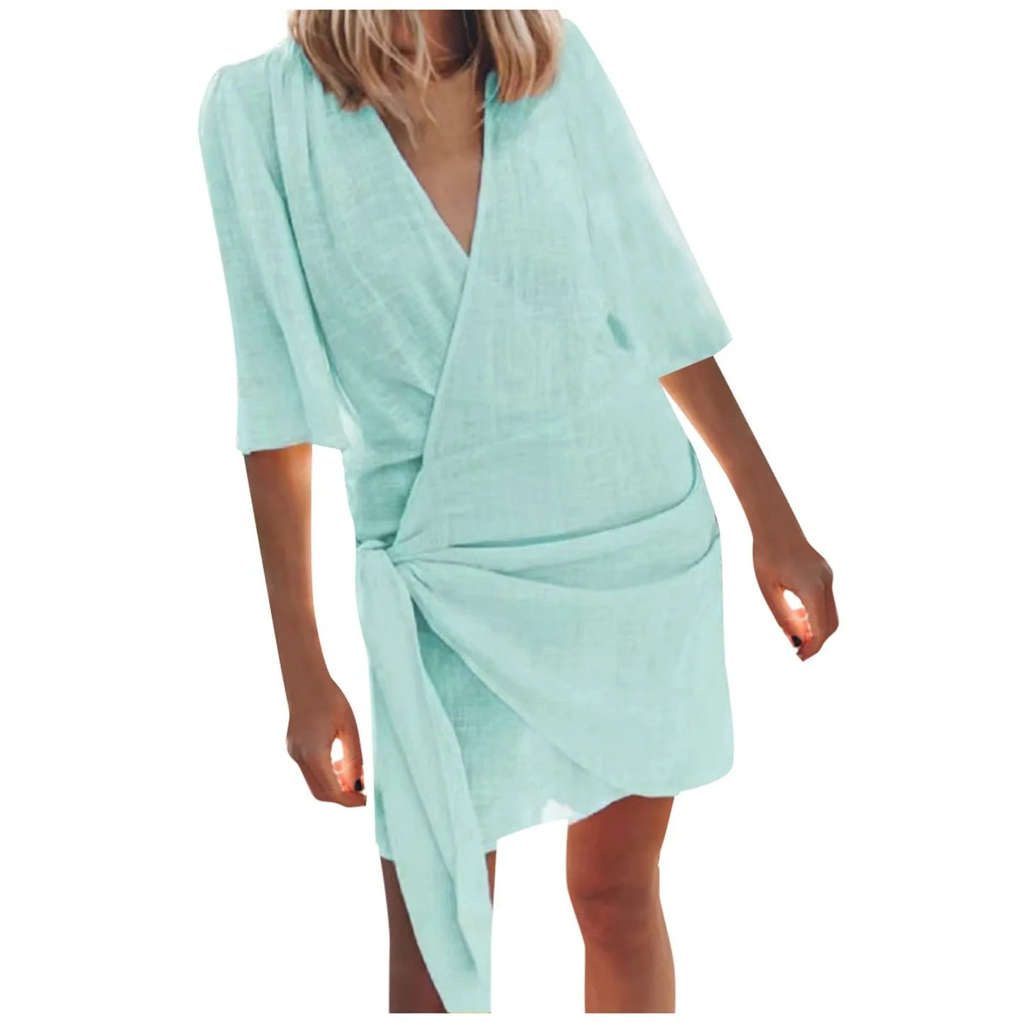 Women's Cotton Linen V-Neck Pleated Mini Dress – Sexy Solid Color Swing Party Dress