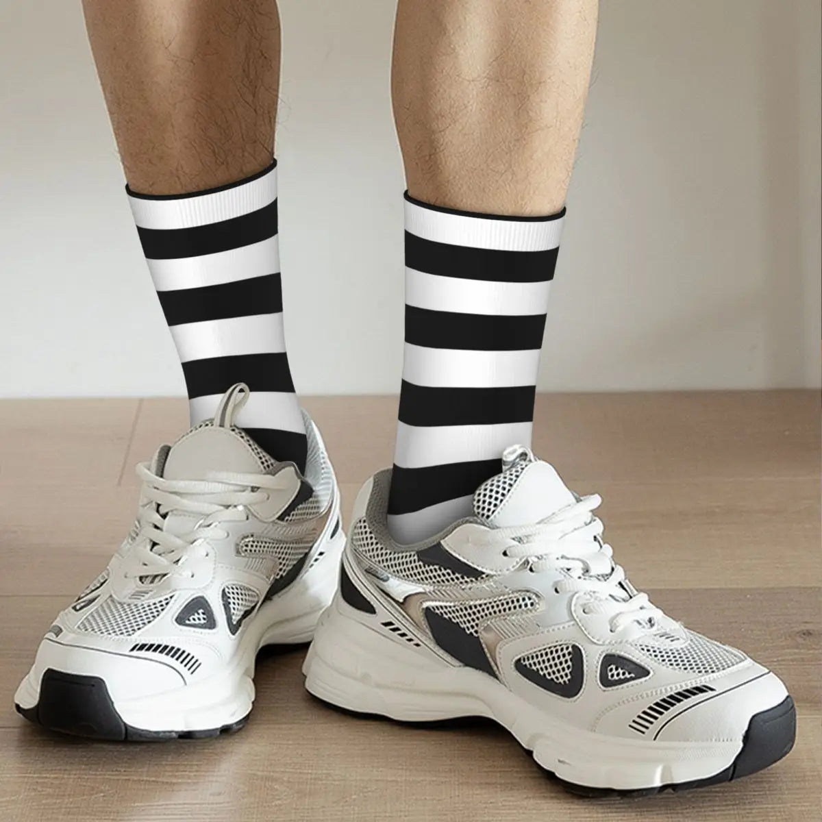 Funny Witch Pattern Crew Socks – Black & White Striped Retro Hip-Hop Socks for Men
