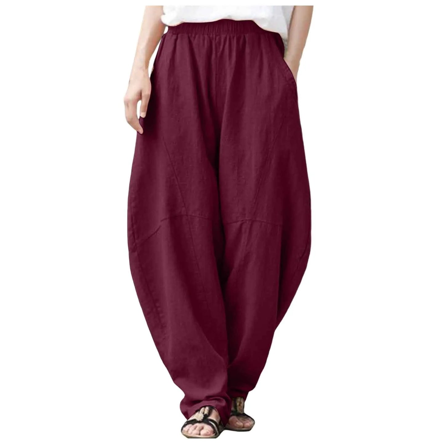 Women's Linen Harem Pants – Loose Fit Elastic Waist Casual Baggy Trousers for Summer