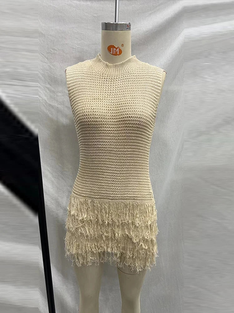 Knitted Tassel Mini Dress – Sleeveless Hollow-Out Beach Dress | Summer Slim Fit