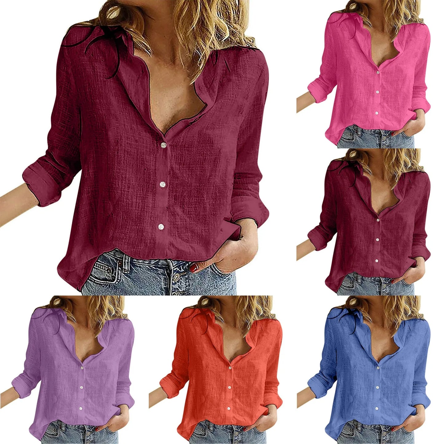 Oversized Linen-Cotton Blouse – Loose Long-Sleeve Button-Up Shirt for Women