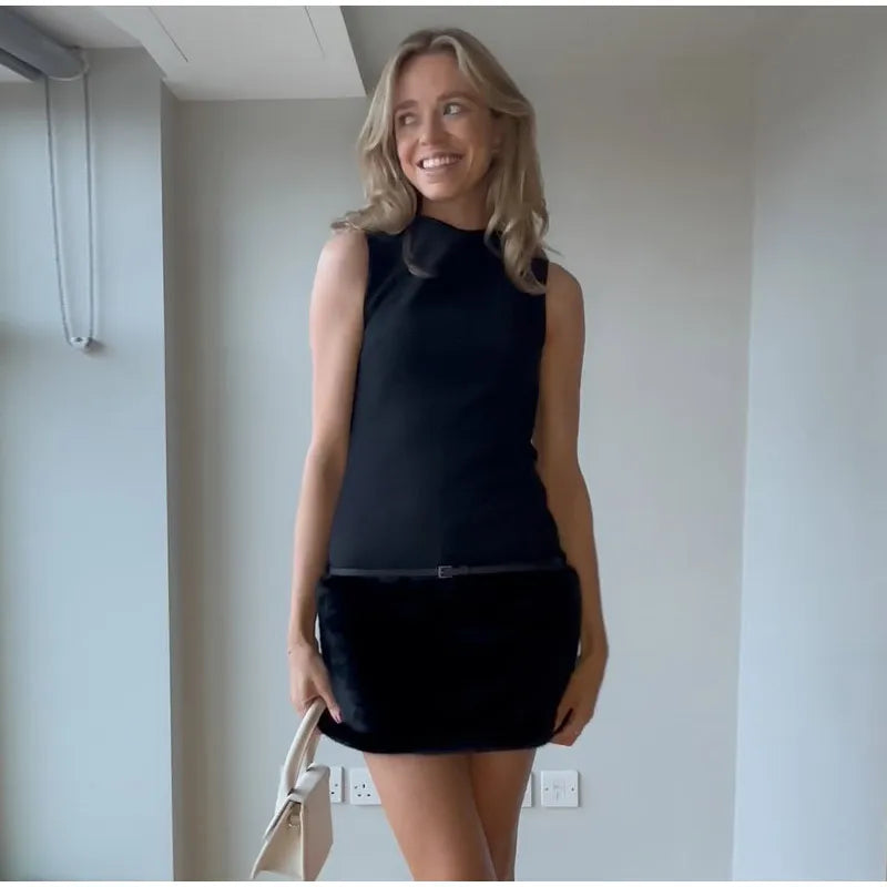 Elegant Black Fur Patchwork Mini Dress – Sleeveless O-Neck with Belt, Slim Fit Party & Evening Dress 2025