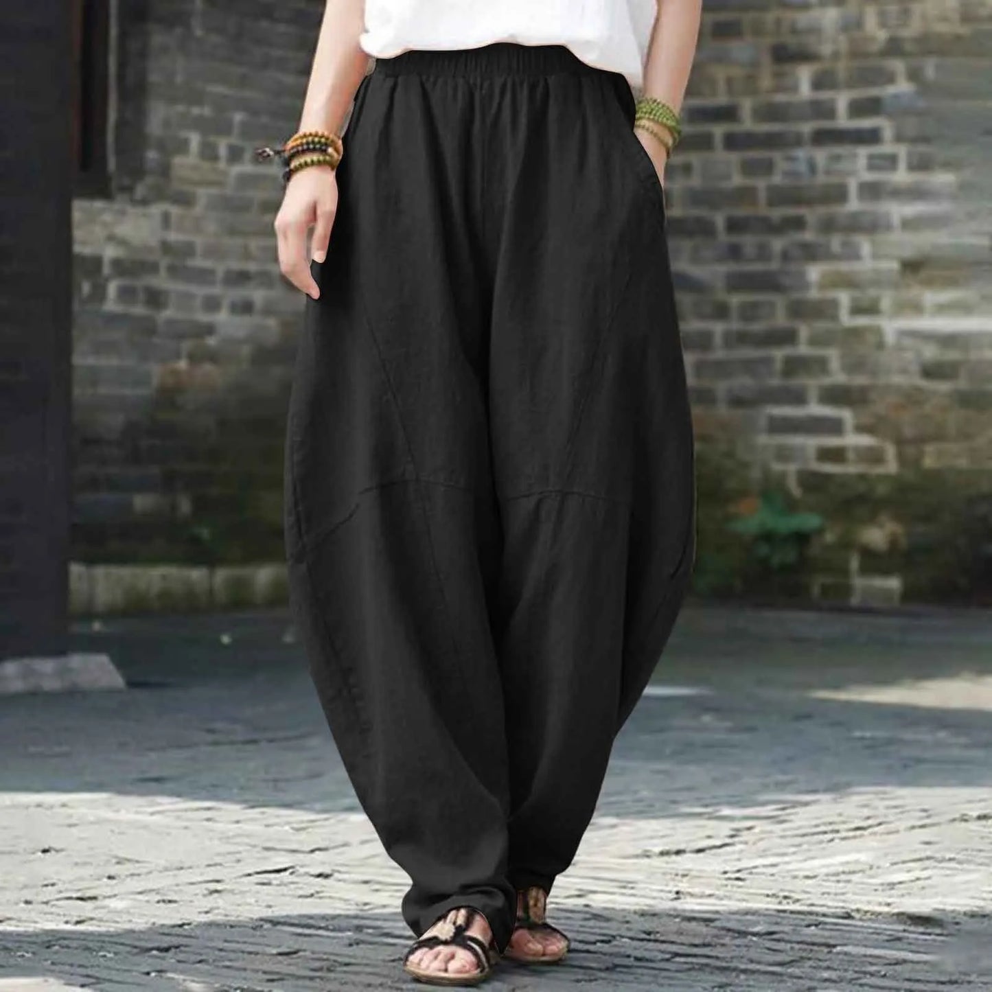Women's Linen Harem Pants – Loose Fit Elastic Waist Casual Baggy Trousers for Summer