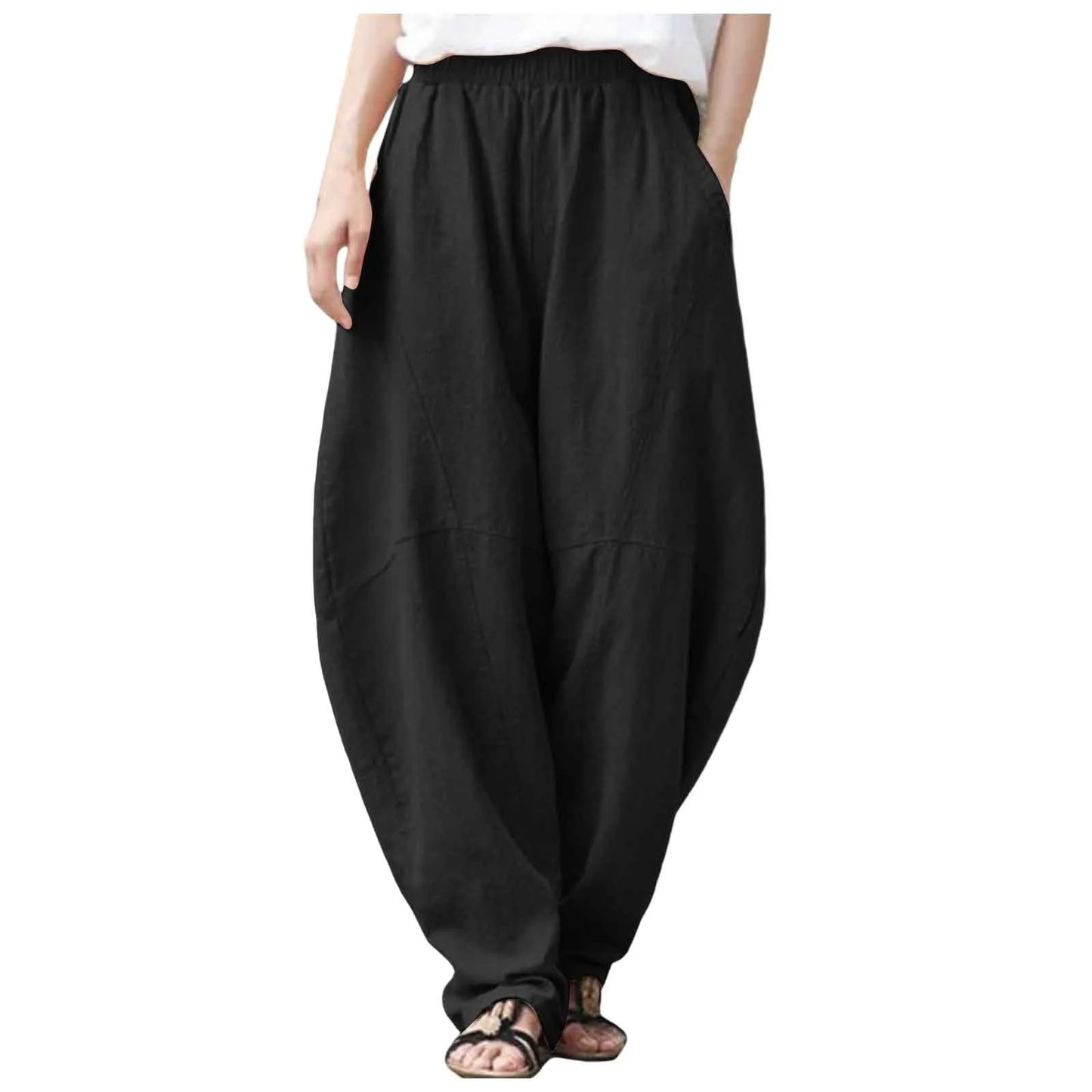 Women's Linen Harem Pants – Loose Fit Elastic Waist Casual Baggy Trousers for Summer