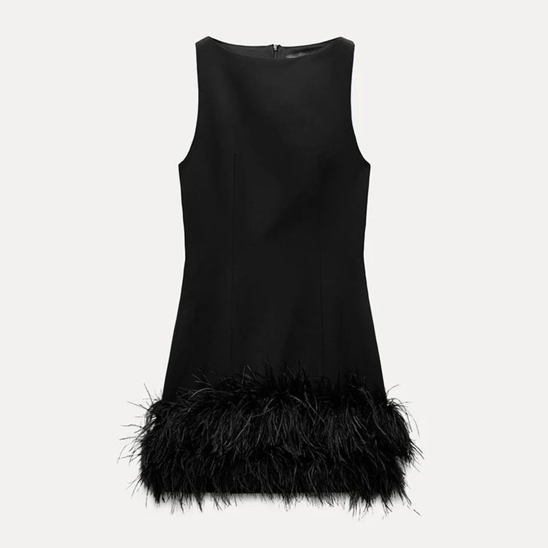 Elegant Black Fur Patchwork Mini Dress – Sleeveless O-Neck with Belt, Slim Fit Party & Evening Dress 2025