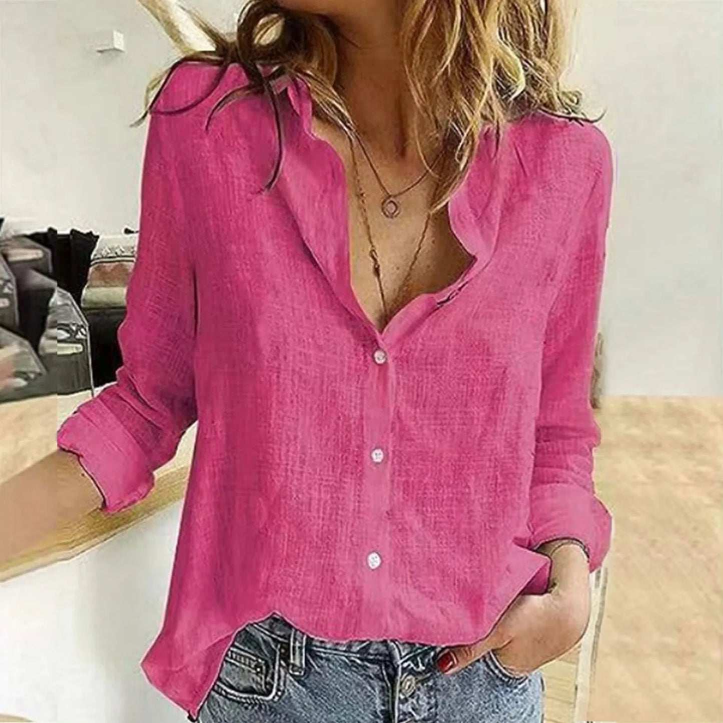 Oversized Linen-Cotton Blouse – Loose Long-Sleeve Button-Up Shirt for Women