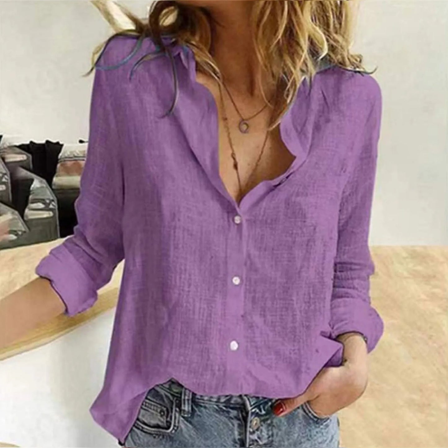 Oversized Linen-Cotton Blouse – Loose Long-Sleeve Button-Up Shirt for Women