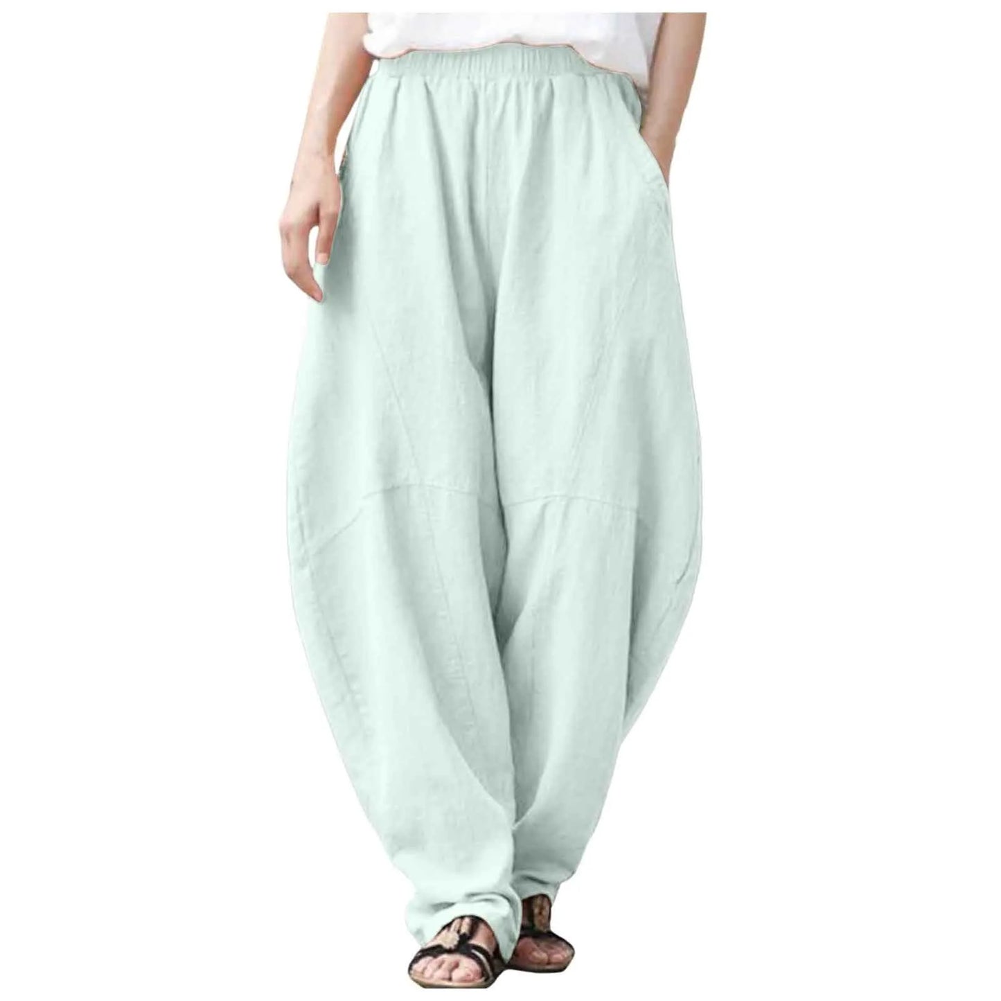 Women's Linen Harem Pants – Loose Fit Elastic Waist Casual Baggy Trousers for Summer