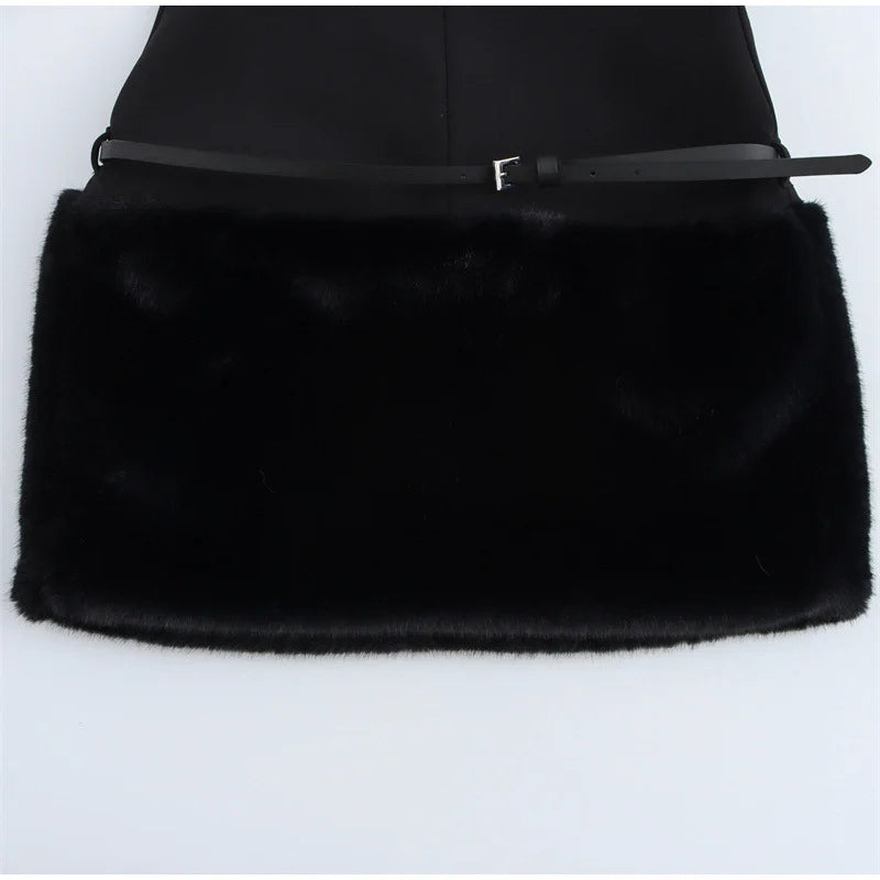 Elegant Black Fur Patchwork Mini Dress – Sleeveless O-Neck with Belt, Slim Fit Party & Evening Dress 2025