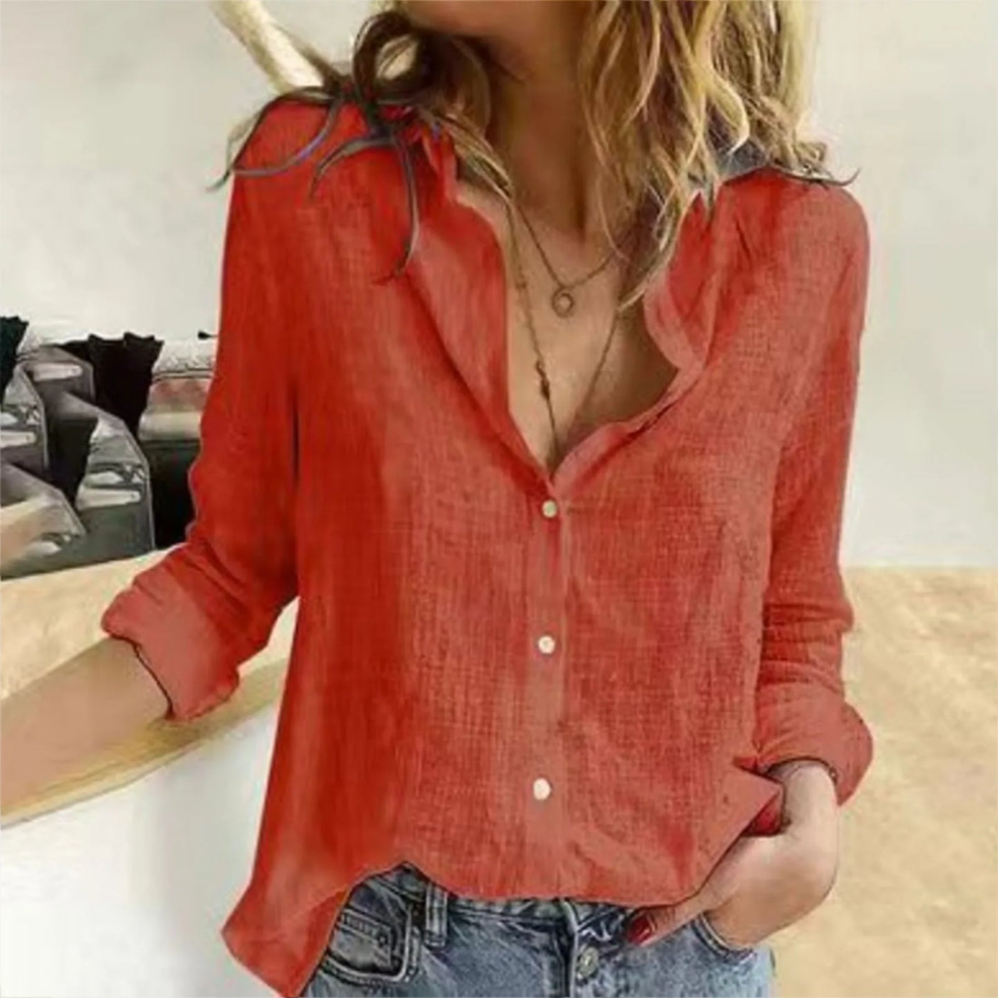 Oversized Linen-Cotton Blouse – Loose Long-Sleeve Button-Up Shirt for Women