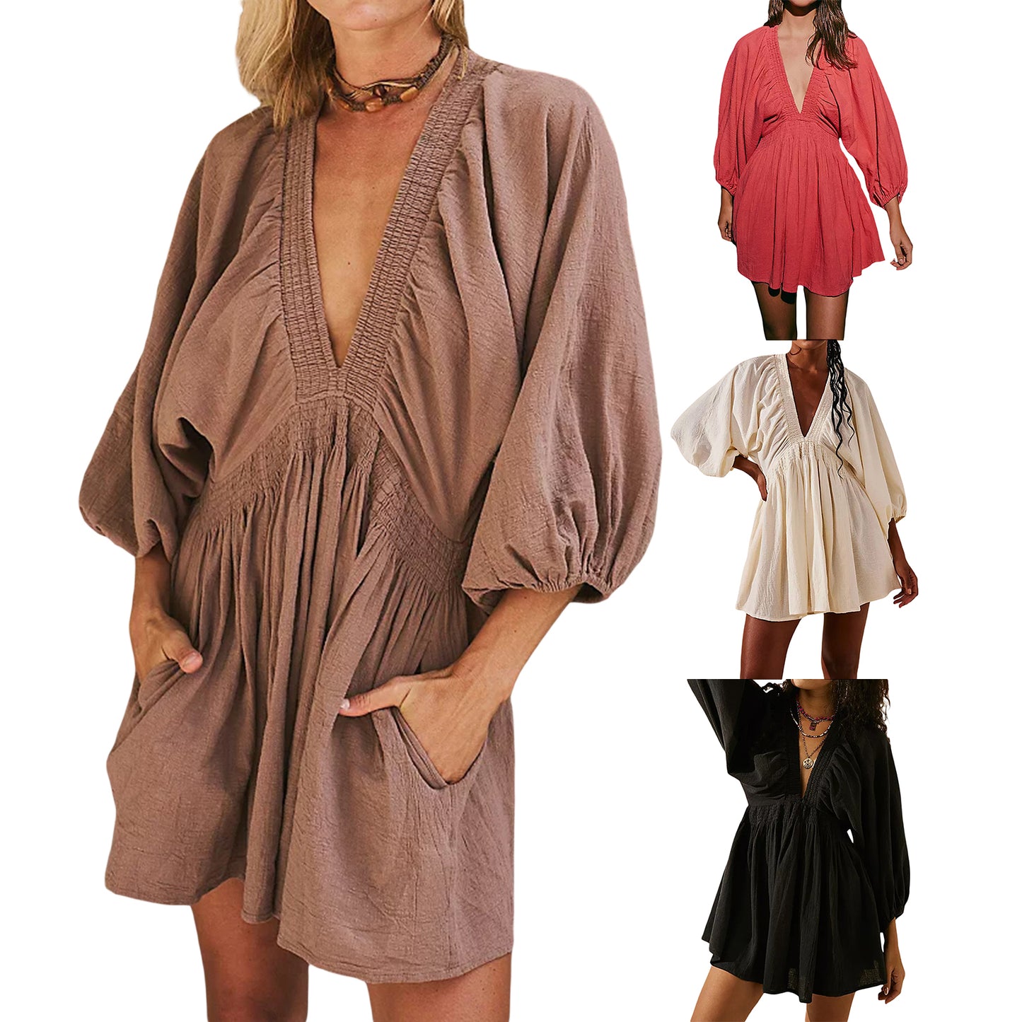 Women's Deep V-Neck Short Dress – Billowy Banded Sleeves, Smocked Waist, Back Keyhole Button & Pockets