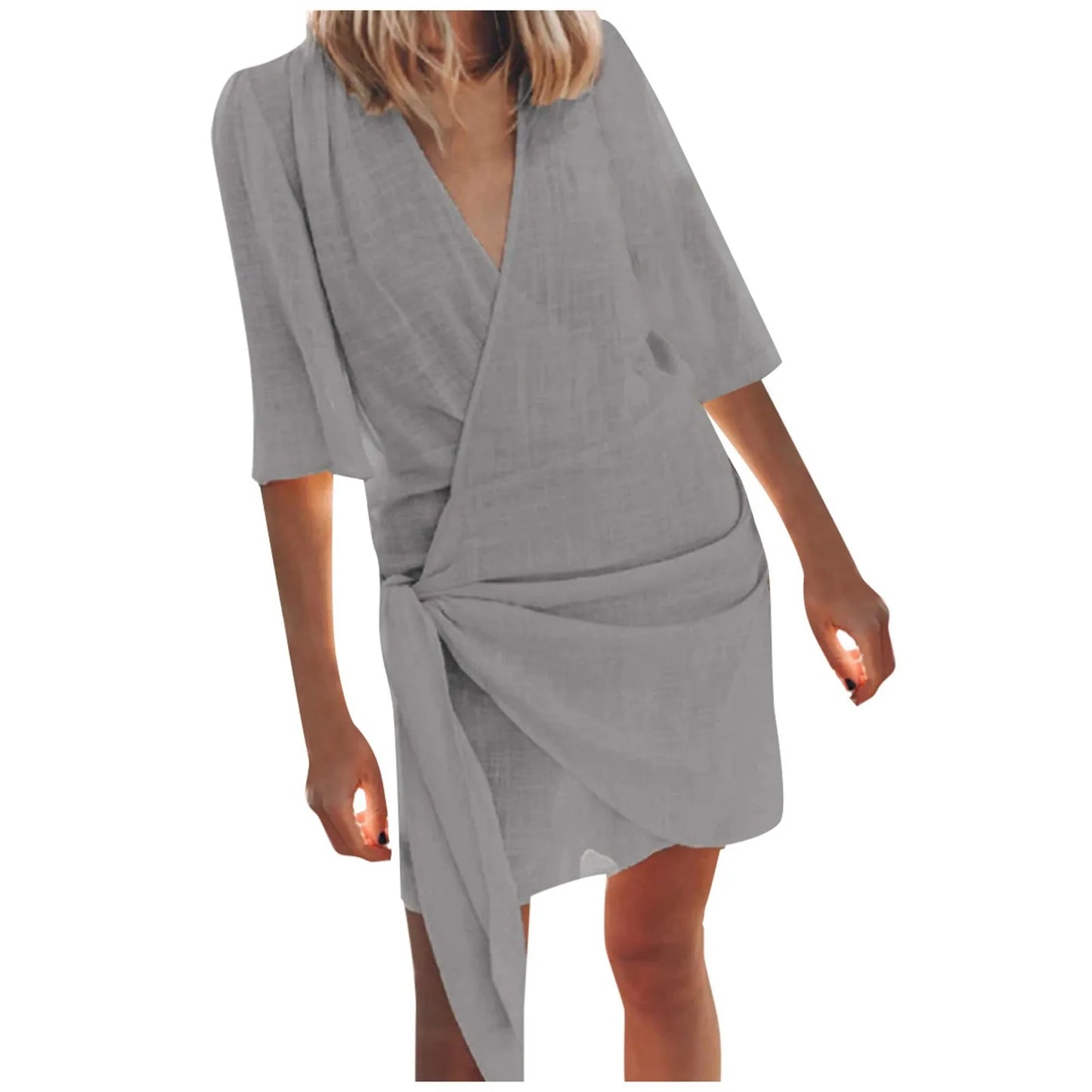 Women's Cotton Linen V-Neck Pleated Mini Dress – Sexy Solid Color Swing Party Dress