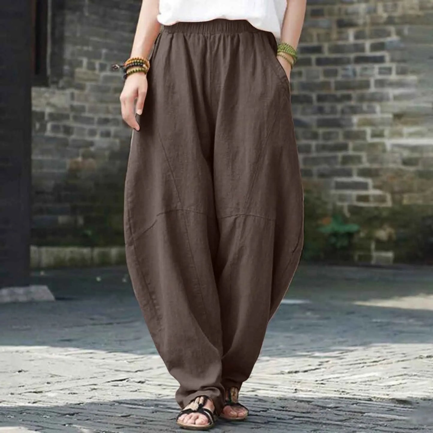 Women's Linen Harem Pants – Loose Fit Elastic Waist Casual Baggy Trousers for Summer