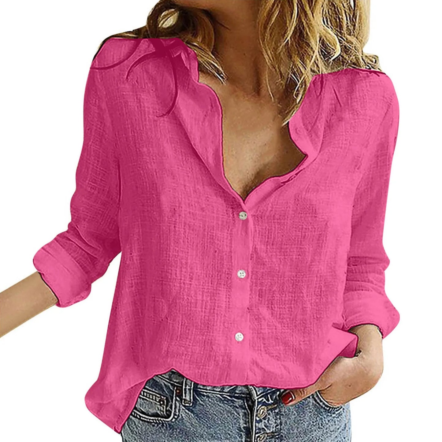 Oversized Linen-Cotton Blouse – Loose Long-Sleeve Button-Up Shirt for Women