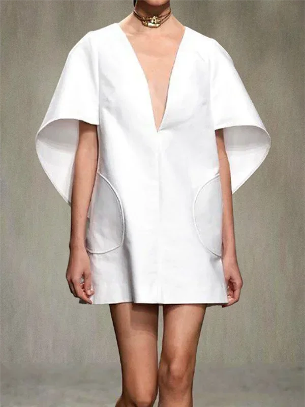 UOOZEE Women's Solid Color Mini Dress – Deep V-Neck, Half Sleeves, Loose-Fit Party Dress for Spring/Summer 2024