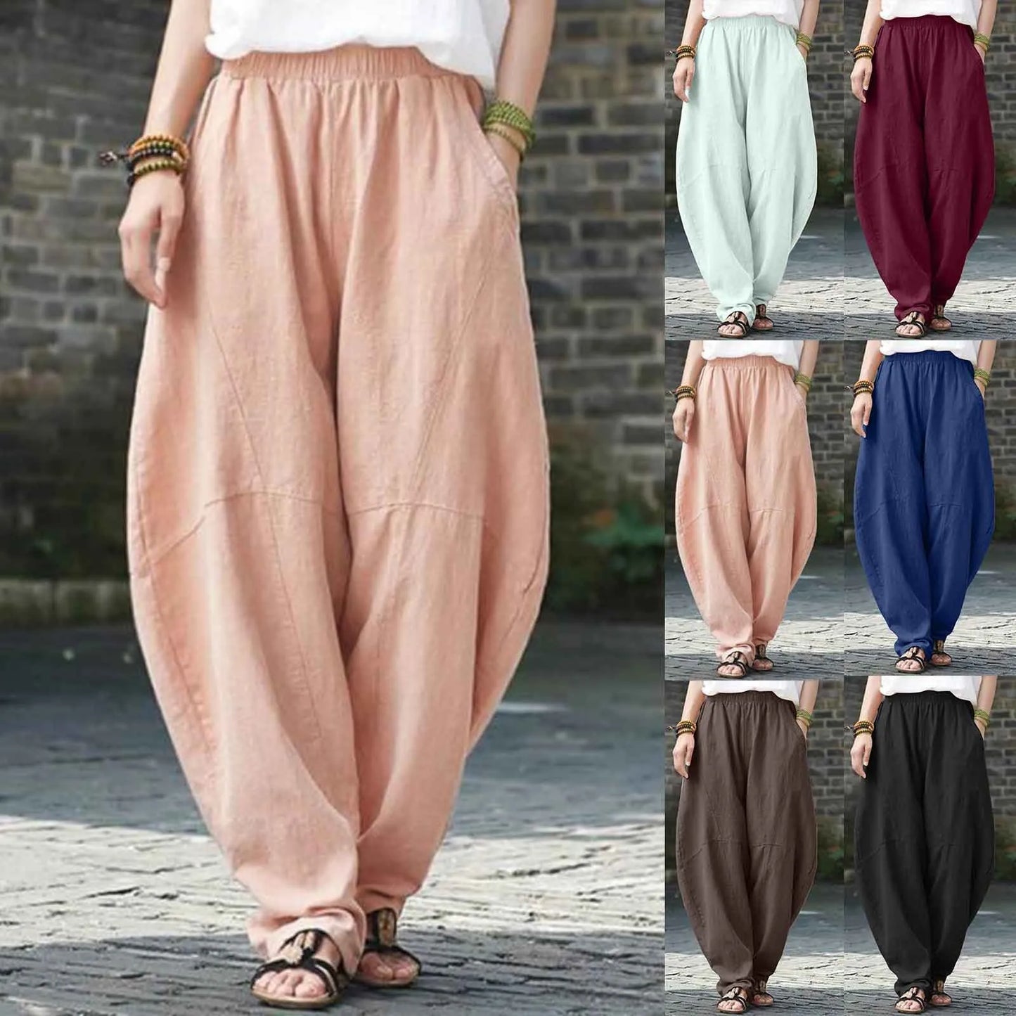 Women's Linen Harem Pants – Loose Fit Elastic Waist Casual Baggy Trousers for Summer
