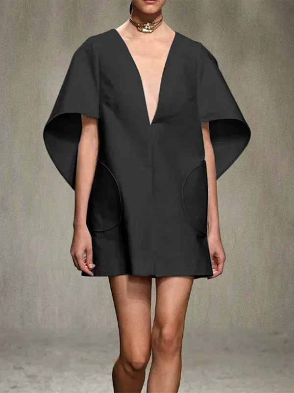 UOOZEE Women's Solid Color Mini Dress – Deep V-Neck, Half Sleeves, Loose-Fit Party Dress for Spring/Summer 2024