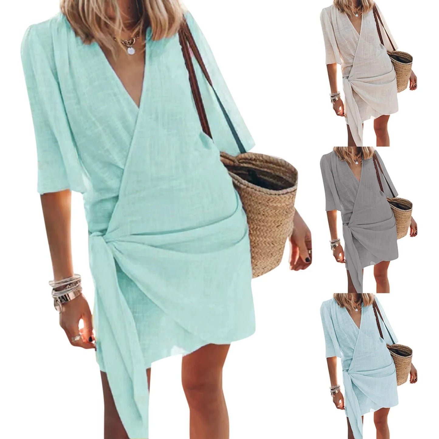 Women's Cotton Linen V-Neck Pleated Mini Dress – Sexy Solid Color Swing Party Dress