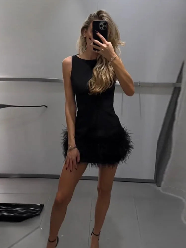 Elegant Black Fur Patchwork Mini Dress – Sleeveless O-Neck with Belt, Slim Fit Party & Evening Dress 2025