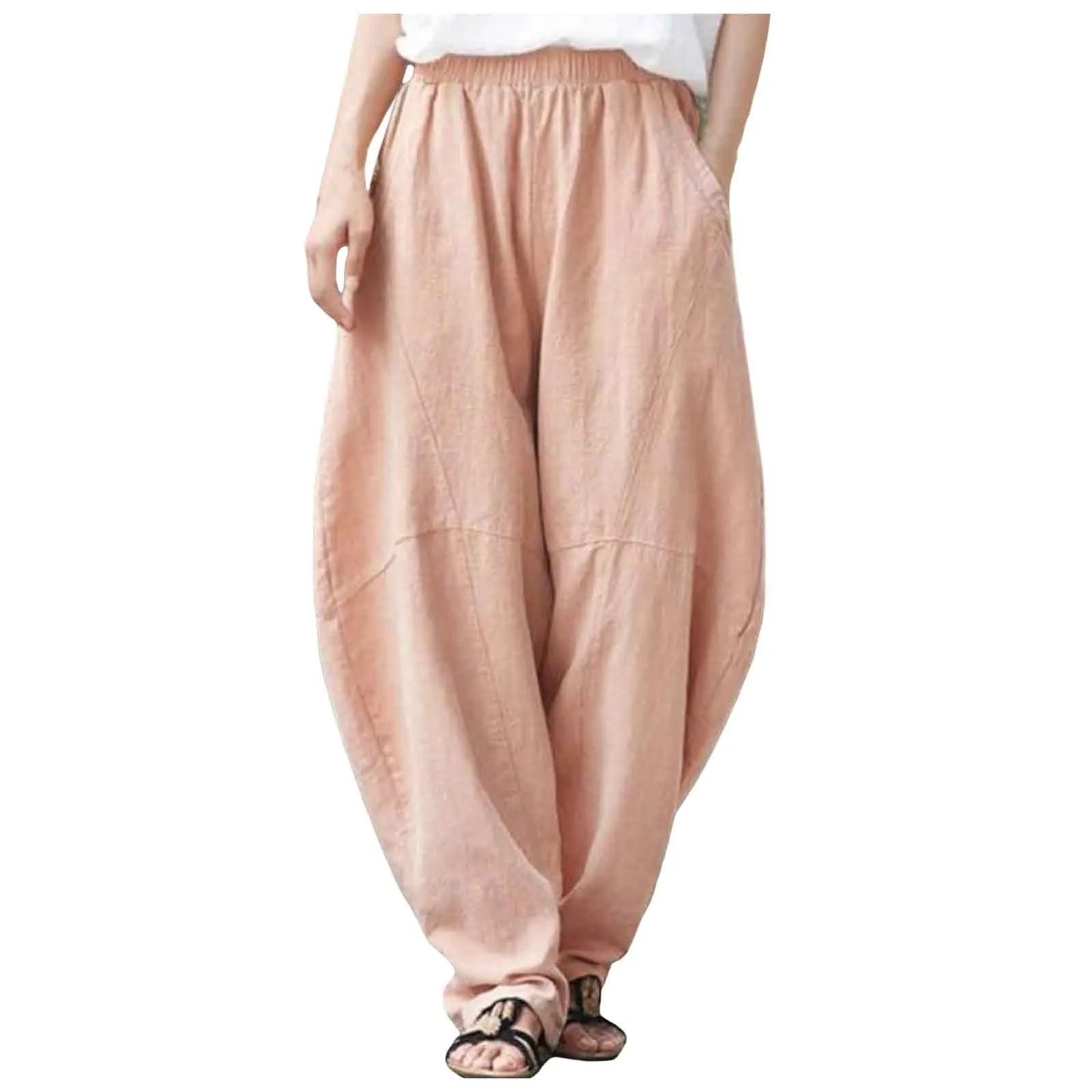 Women's Linen Harem Pants – Loose Fit Elastic Waist Casual Baggy Trousers for Summer