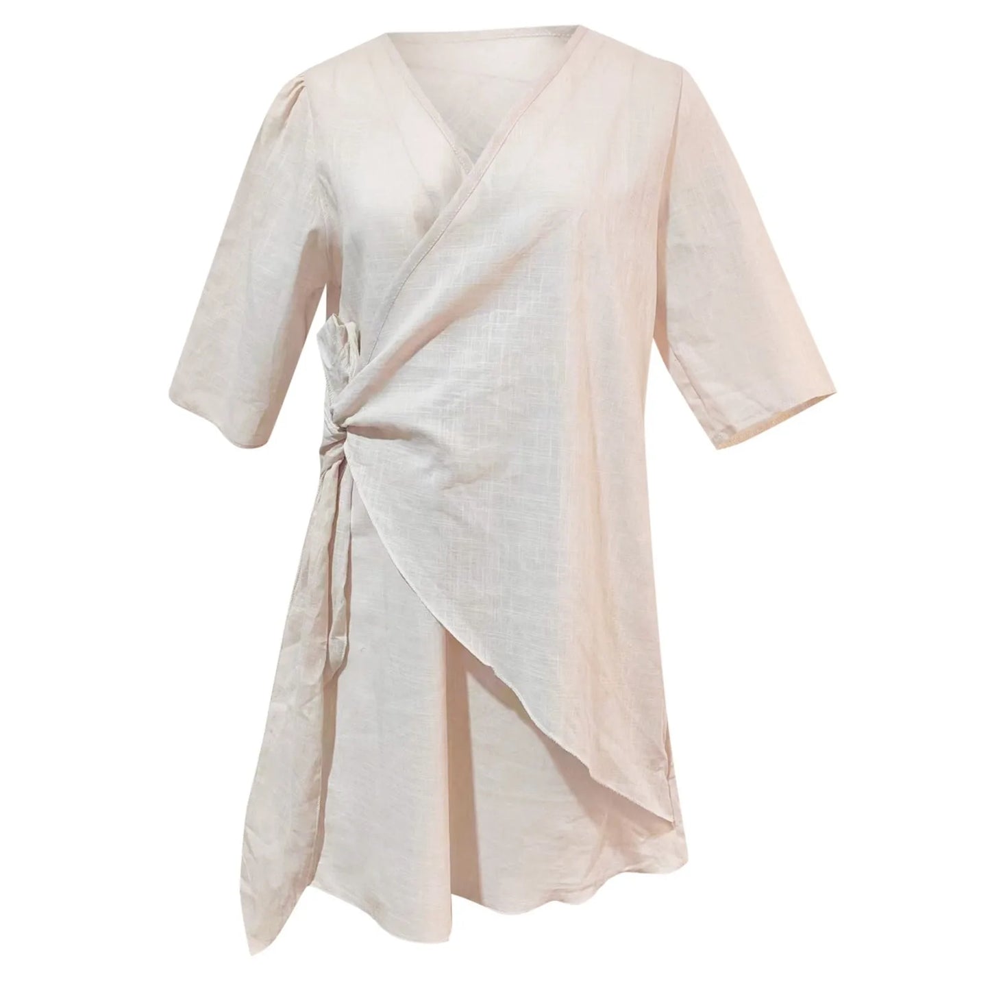 Women's Cotton Linen V-Neck Pleated Mini Dress – Sexy Solid Color Swing Party Dress