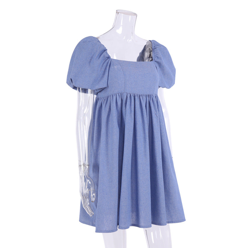 Square Neck Linen Short Dress