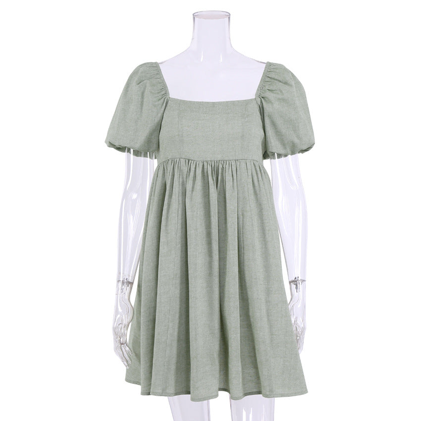 Square Neck Linen Short Dress
