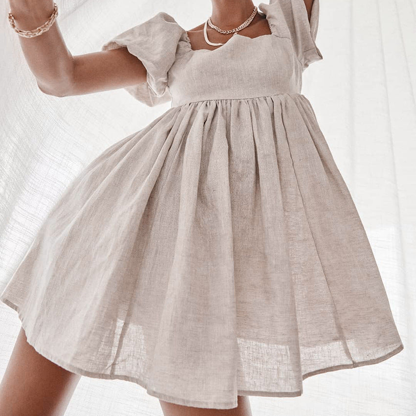 Square Neck Linen Short Dress
