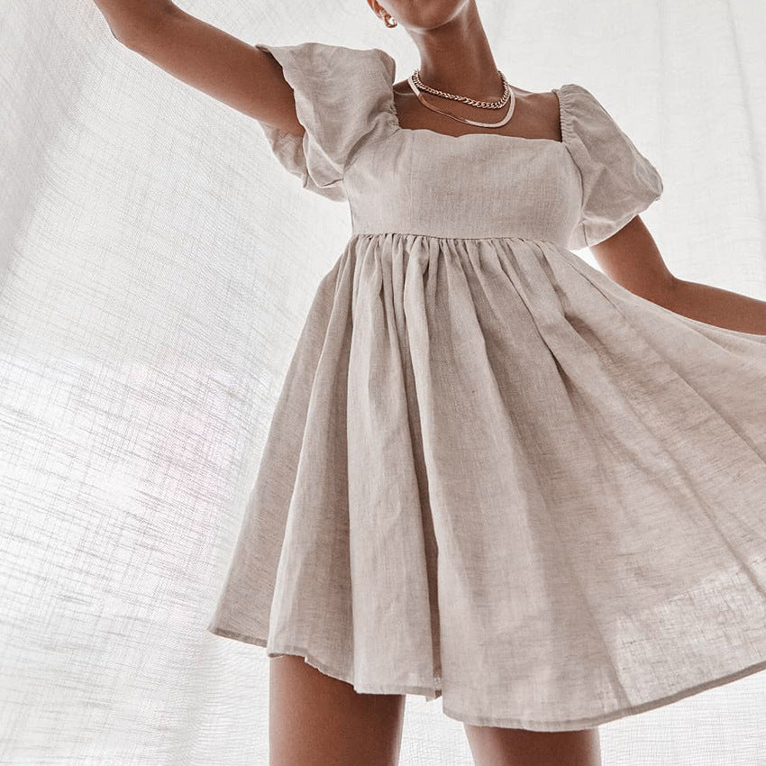Square Neck Linen Short Dress