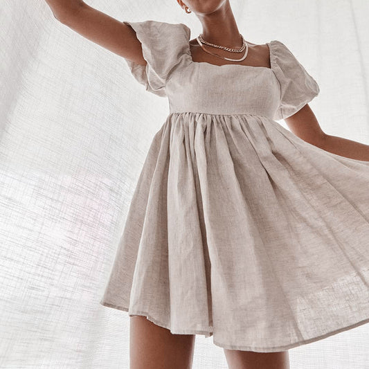 Square Neck Linen Short Dress