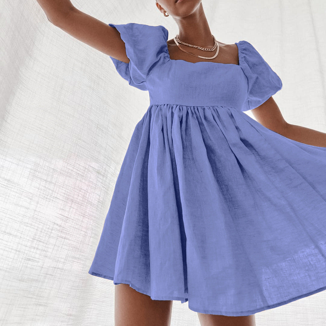 Square Neck Linen Short Dress