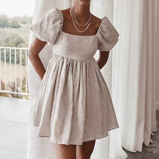 Square Neck Linen Short Dress